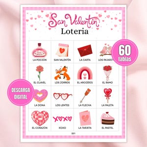 Loteria San Valentin, 60 Tablas Imprimibles, Bingo Día del Amor y la Amistad