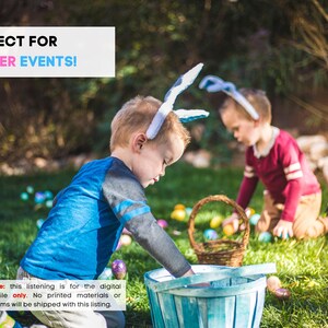 May include: Two young children wearing bunny ears gather Easter eggs in a grassy yard. One child reaches into a light blue basket, while the other kneels near a wicker basket. Colorful eggs are scattered on the grass. The text "PERFECT FOR EASTER EVENTS!" is displayed.