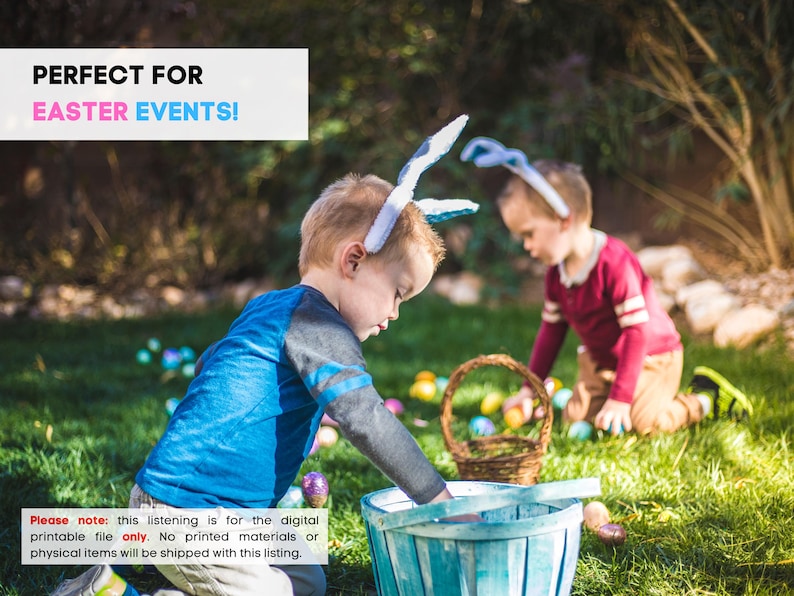 May include: Two young children wearing bunny ears gather Easter eggs in a grassy yard. One child reaches into a light blue basket, while the other kneels near a wicker basket. Colorful eggs are scattered on the grass. The text "PERFECT FOR EASTER EVENTS!" is displayed.