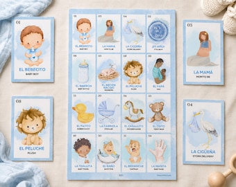 Boy Baby Shower Loteria, 100 Printable Boards, zweisprachiges blaues Baby Bingo Spiel