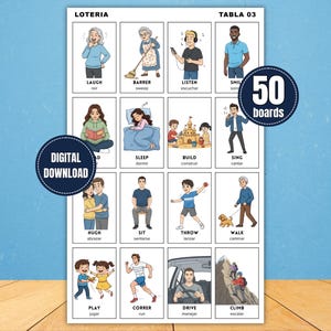 Könnte beinhalten: Ein digitaler Download von 50 Loteria-Karten, die jeweils illustrierte Aktionen mit entsprechenden spanischen und englischen Wörtern zeigen. Die Bilder zeigen Aktionen wie Lachen, Schlafen und Bauen.