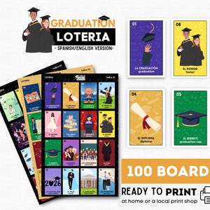 May include: A graduation-themed Loteria game set with colorful cards and illustrations. The set includes 100 boards, ready to print. The cards feature images of graduation caps, diplomas, and graduates. The text "GRADUATION LOTERIA - SPANISH/ENGLISH VERSION-" is displayed.