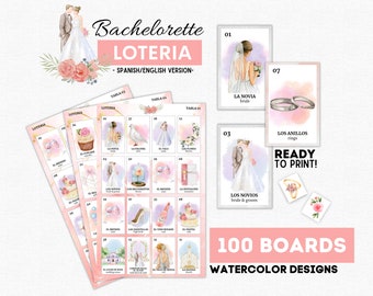 Bachelorette Loteria, Loteria Despedida de Soltera, 100 Boards, 54 Cards Bridal Bachelorette Bingo, Wedding Design Cards, Bachelorette Party