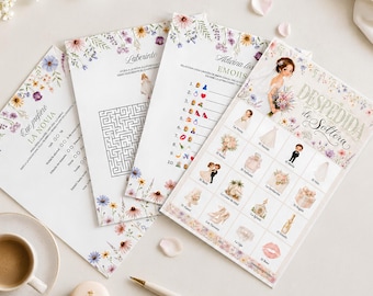 Loteria Desdedida de Soltera Flores, 100 Tablas Imprimibles, Juegos Bridal Shower en Español
