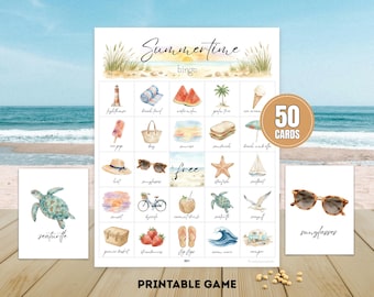 Pode incluir: Um jogo de bingo "Summertime" imprimível com 50 cartas, apresentando ilustrações em aquarela de itens com tema de praia, como um farol, melancia e óculos de sol. Inclui cartões com o texto "seaturtle" e "sunglasses".