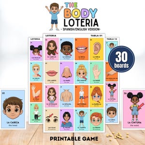 Kids Body Parts Loteria Game, Learning Body Bingo Activity, 30 Printable Boards