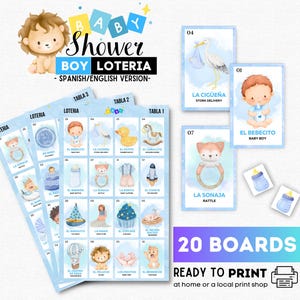 Babyshower-loteria voor jongens, blauwe babybingo, 20 borden, 54 visitekaartjes, tokens, gender Reveal-spel, direct downloaden!