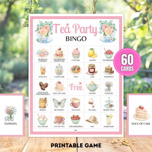Puede incluir: Un juego de bingo de fiesta de té imprimible con un borde rosa. La tarjeta de bingo presenta ilustraciones de artículos de fiesta de té como postres, tazas de té y flores. Incluye 60 tarjetas. Las palabras "Tea Party Bingo" están en la parte superior.