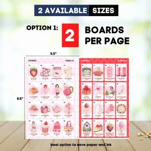 May include: Two 8.5 by 5.5 inch printable bingo boards with pink and red backgrounds and images of various items. The text "LOTERIA" and "TABLA 01" are at the top of the boards. The text "2 BOARDS PER PAGE" is in large red letters at the top of the image.