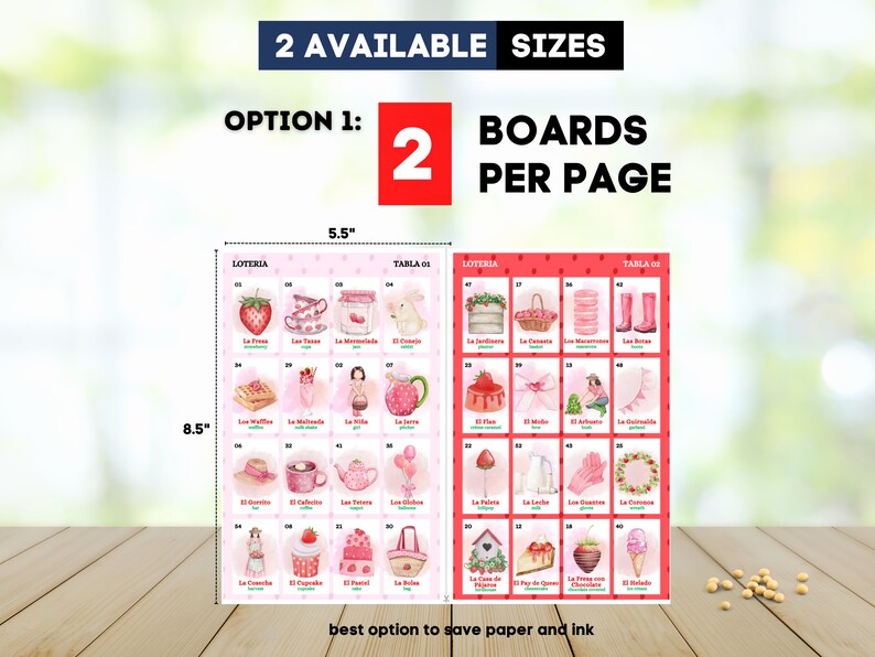 May include: Two 8.5 by 5.5 inch printable bingo boards with pink and red backgrounds and images of various items. The text "LOTERIA" and "TABLA 01" are at the top of the boards. The text "2 BOARDS PER PAGE" is in large red letters at the top of the image.