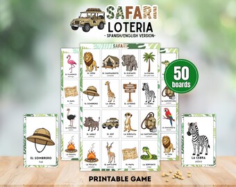 Safari Loteria Bingo, Kids Jungle Birthday Party Game, 50 Printable Boards