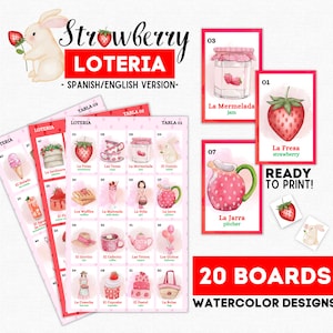 Loteria de Fresa, 20 tableros, 54 tarjetas de visita, fichas, fiesta del té, bingo de cumpleaños con tema de fresa, Lotería de Fresas, ¡descarga instantánea!