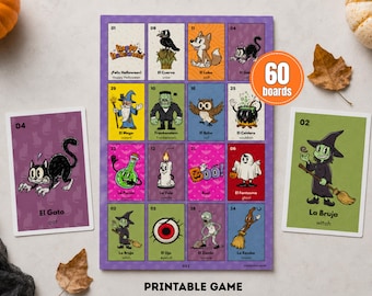 Halloween Retro Loteria, 60 druckbare Spielbretter, zweisprachiges, kinderfreundliches Grusel-Bingo-Spiel