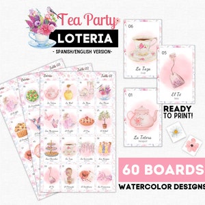 Rose Tea Party Loteria, lot de bingo à thé, 60 planches, lot de bingo de fête de printemps, Loteria de Primavera, thème floral Loteria, téléchargement immédiat