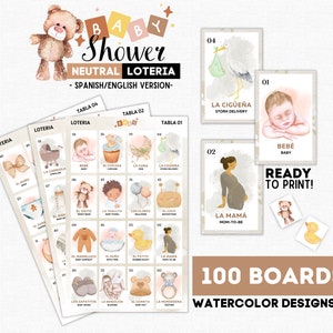 Loteria Neutra para Chá de Bebê, 100 Placas, 54 Cartas, Fichas, Bingo Marrom para Chá de Bebê, Festa de Revelação de Gênero, Loteria Bebê Urso, Download Instantâneo