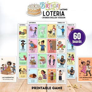 Loteria compleanno Fiesta messicana, Cumpleaños Latino Bingo, Attività per feste in famiglia, 60 tavole stampabili