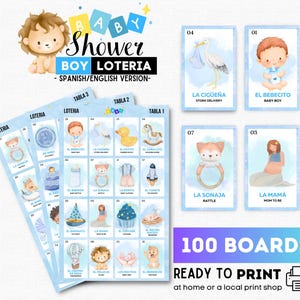 Babyshower voor jongens, tweetalig blauw bingospel genderonthulling, feestactiviteit, 100 borden
