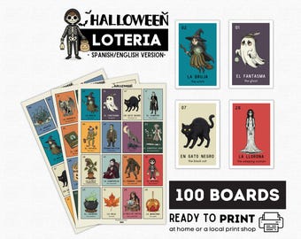 Vintage Halloween Loteria, 100 Printable Boards, Bilingual Halloween Bingo Party Game
