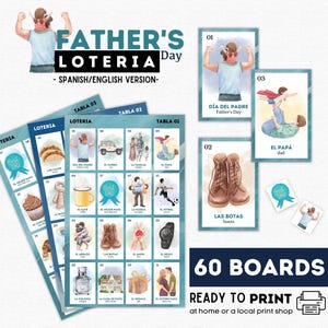 Vaderdagloteria, Loteria Día del Padre, 60 borden, 54 kaarten, tokens, perfect voor Vaderdag, Vaderdagbingo, For Dad, Para Papá