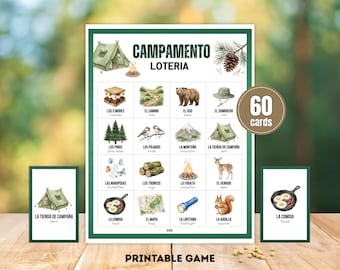 Camping Loteria • 60 druckbare Karten • Outdoor Bingo Spiel • Camping Party Aktivität • Zweisprachig