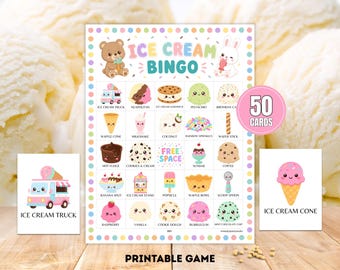 Ice Cream Bingo • 50 Printable Cards • Birthday Party Game • Kids Activity