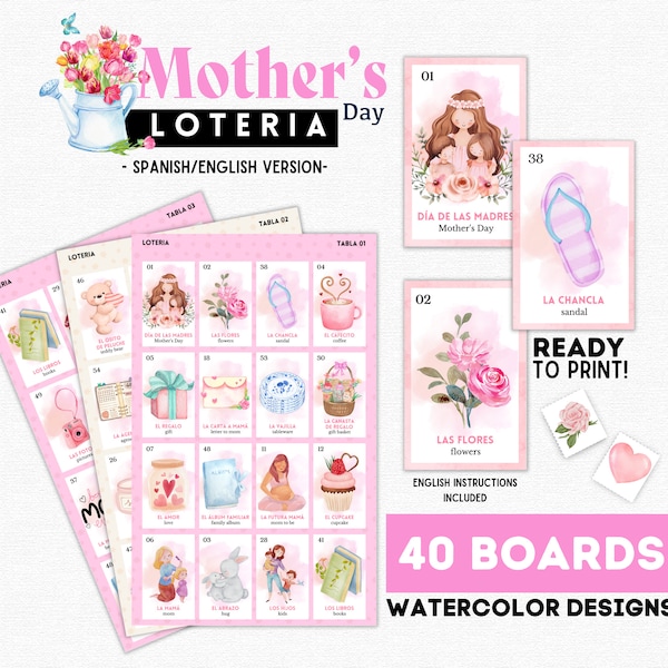 Lotería del Día de la Madre, Lotería Día de las Madres, 40 tableros, 54 tarjetas telefónicas, fichas imprimibles, perfectas para el Día de la Madre, ¡descarga instantánea!