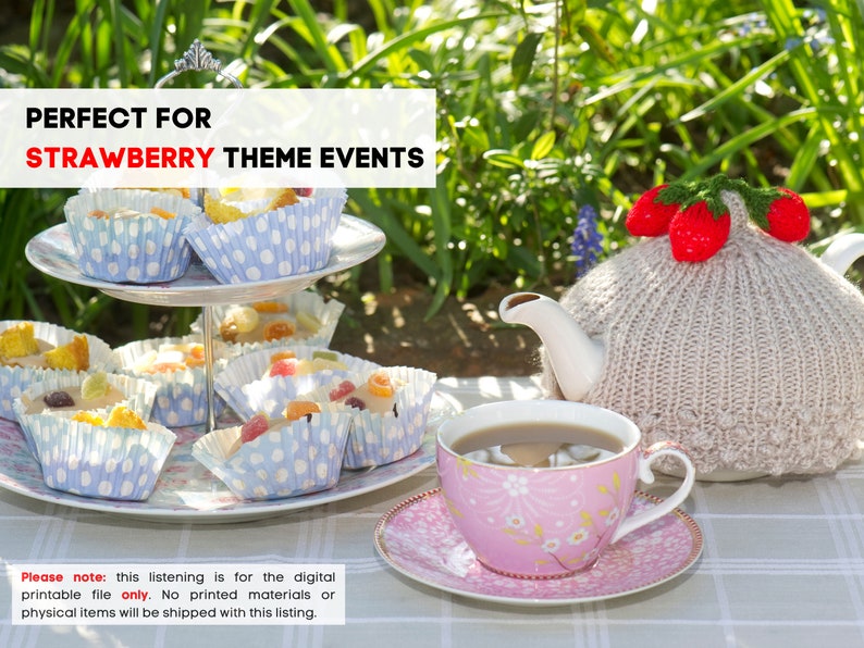May include: A two-tiered cake stand with white and blue polka dot cupcake liners filled with white frosting and colorful candies. A teapot with a knitted strawberry-themed cozy and a pink teacup and saucer with a floral design are on a white and gray checkered tablecloth. The text "PERFECT FOR STRAWBERRY THEME EVENTS" is at the top of the image.