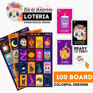 Lotería del Día de Muertos, Bingo del Día de Muertos, 100 tableros, 48 cartas, fichas, fiesta mexicana de Halloween, fiesta mexicana, ¡descarga instantánea!