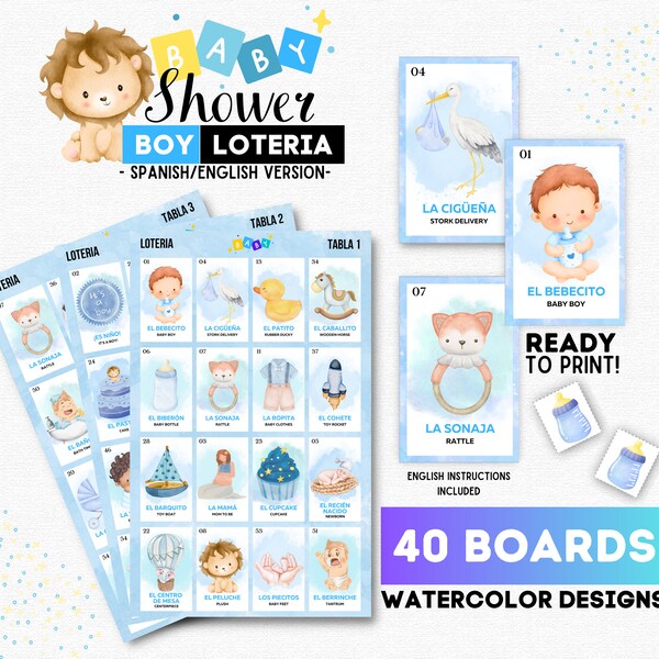 Boy Baby Shower Loteria, Loteria Baby Shower Niño, 40 Unique Boards, Baby Boy Bingo, Printable Tokens. Instant Printable Download!