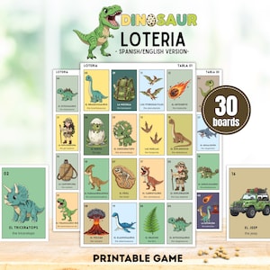 Dinosaur Birthday Loteria Game, Bilingual Kids Jurassic Dinosaurs Bingo, 30 Printable Boards