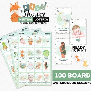 Neutrale babyshowerloteria, 100 unieke borden, 54 visitekaartjes, Mexicaanse babyshowerbingo, tokens, perfect voor neutraal gender-onthullingsfeest