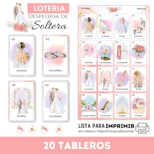 Loteria Despedida de Soltera, 20 Tableros Imprimibles, 54 Cartas Con Diseños de Boda, Bingo Despedida de Soltera, Descarga Inmediata