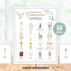 May include: A framed set of First Communion themed loteria cards with illustrations and Spanish text. The main card features 16 images, including a dove, cake, and cross. Two smaller cards are also visible, with the text "El Niño boy" and "La Niña girl".