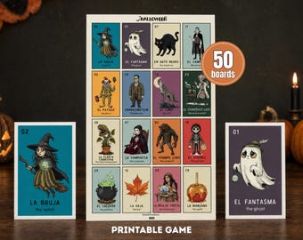 Vintage Halloween Loteria, 50 druckbare Spielbretter, zweisprachiges Halloween-Bingo-Partyspiel