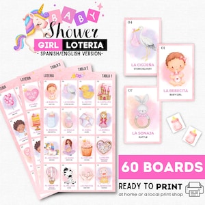 Girl Baby Shower Loteria: 60 Boards, Gender Reveal Bingo, Pink Theme (PDF Download)