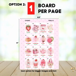 May include: A pink and white printable bingo card with 16 squares, each featuring a different illustration and Spanish word. The card is 8.5 inches wide and 11 inches tall. The text "LOTERIA" and "TABLA 01" is printed at the top of the card.