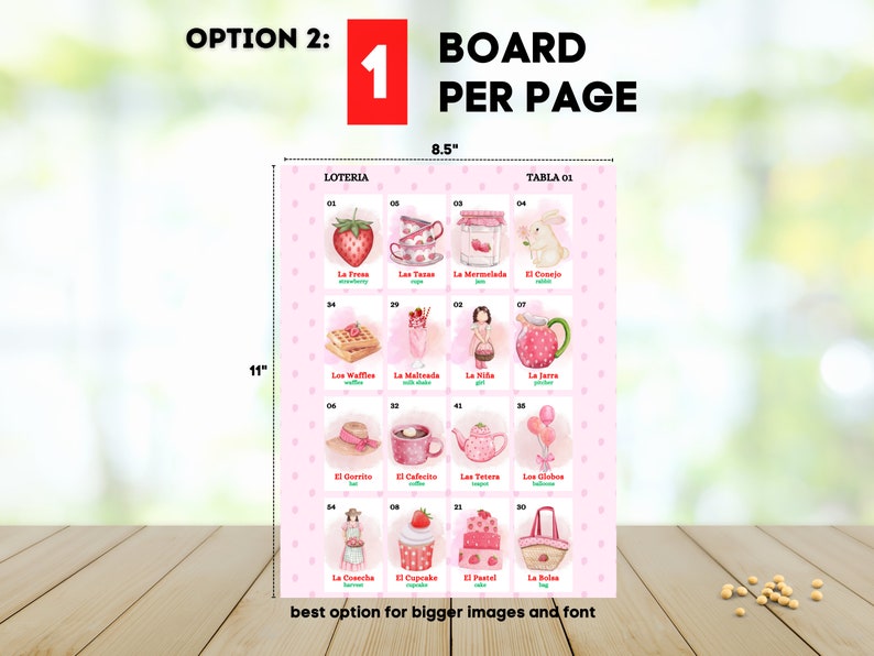 May include: A pink and white printable bingo card with 16 squares, each featuring a different illustration and Spanish word. The card is 8.5 inches wide and 11 inches tall. The text "LOTERIA" and "TABLA 01" is printed at the top of the card.