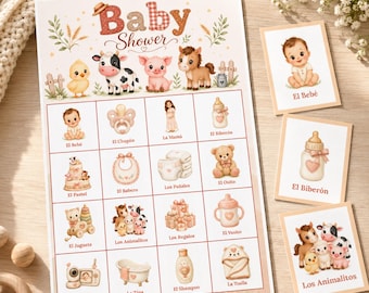 Lotería Baby Shower Granja Neutral, 100 Tabletten + Juegos Imprimibles en Español