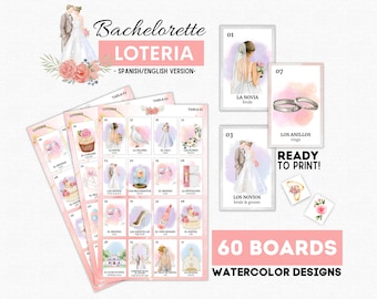 Bachelorette Loteria, Loteria Despedida de Soltera, 60 Tableros, 54 Tarjetas, Bingo de Despedida de Soltera, Tarjetas de Diseño de Boda, Despedida de Soltera