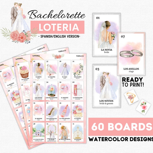 Bachelorette Loteria, Loteria Despedida de Soltera, 60 Boards, 54 Cards, Bridal Bachelorette Bingo, Wedding Design Cards, Bachelorette Party