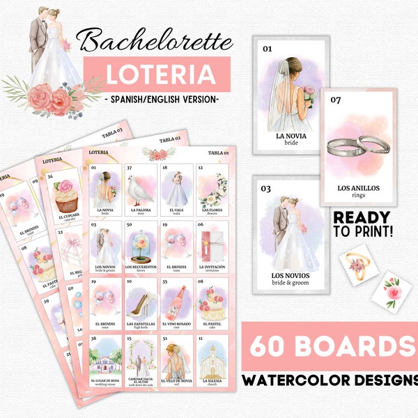 Bachelorette Loteria, Loteria Despedida de Soltera, 60 Tableros, 54 Tarjetas, Bingo de Despedida de Soltera, Tarjetas de Diseño de Boda, Despedida de Soltera