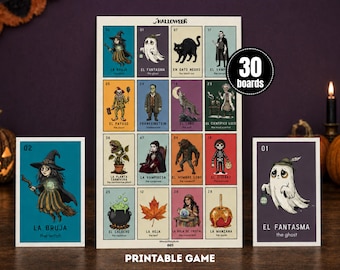 Vintage Halloween Loteria, 30 druckbare Spielbretter, zweisprachiges Halloween-Bingo-Partyspiel