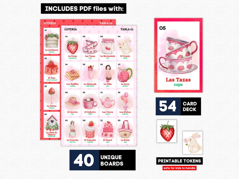 Bilingual Strawberry Birthday Loteria, Berry First Party Bingo Game, Tea Party Activity, 40 Boards image 2