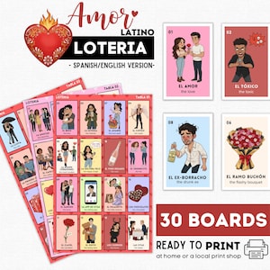 Amor Latino Loteria, Multicultural Bilingual Valentine's Bingo, Bachelorette Girls Night Game, 30 Printable Boards