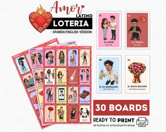 Amor Latino Loteria, Bingo Bilíngue Multicultural para o Dia dos Namorados, Jogo para Despedida de Solteira, 30 Cartelas para Imprimir