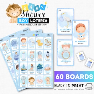 男の子のベビーシャワー ロッテリア、ロッテリア ベビーシャワー ニーニョ、60 個のユニークなボード、男の子のベビービンゴ、印刷可能なトークン、すぐに印刷可能なダウンロード!