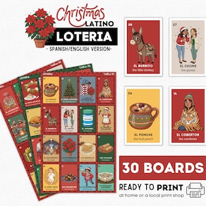 Op de afbeelding: Een set kerst Latino Lotería kaarten met Spaanse/Engelse tekst. De kaarten tonen kleurrijke illustraties van feestelijke afbeeldingen, waaronder een ezel, een vrouw in een deken en een fruitpunch. De set bevat 30 borden.
