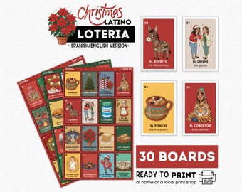 Christmas Latino Loteria, 30 Printable Boards, Multicultural Bilingual Latino Holiday Bingo