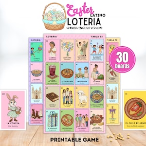 Latino Loteria Pasen, tweetalige lentebingo in de Goede Week, 30 printbare borden
