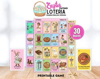 Easter Latino Loteria, Bilingual Holy Week Spring Bingo Game, 30 Printable Boards